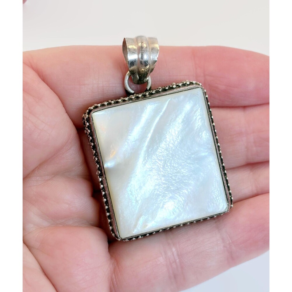 MOP Pendant, Mother of Pearl, Sterling Silver, Vintage, White, Shell, Big